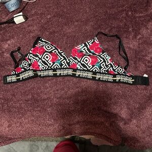 PINK Victoria's Secret Graphic Floral Bralette - Black and Red